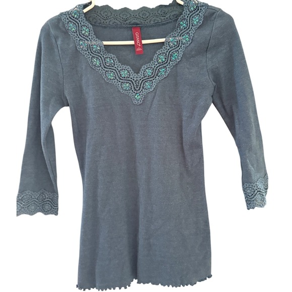 Gitano Tops - Gitano Womens Vintage Y2k Ribbed V-Neck Top Blue Lace Sequin Trim Fairy Small